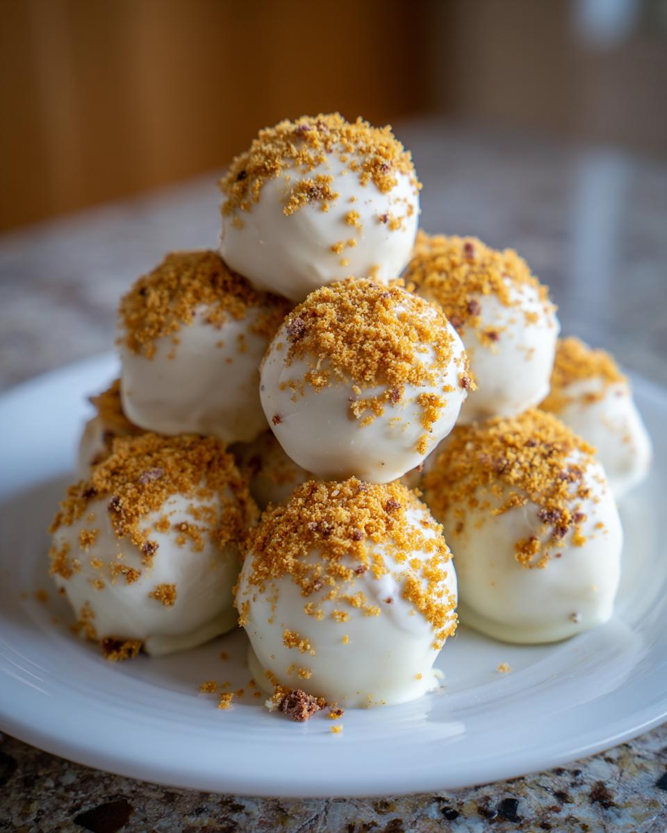 A stack of white chocolate covered Pumpkin Cheesecake Truffles topped with graham cracker crumbs on a white plate.