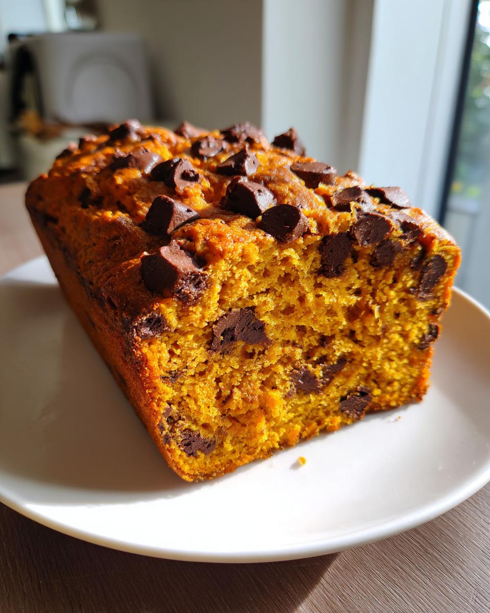A close-up of a moist, orange-hued Pumpkin Chocolate Chip Bread loaf topped with melted chocolate chips.