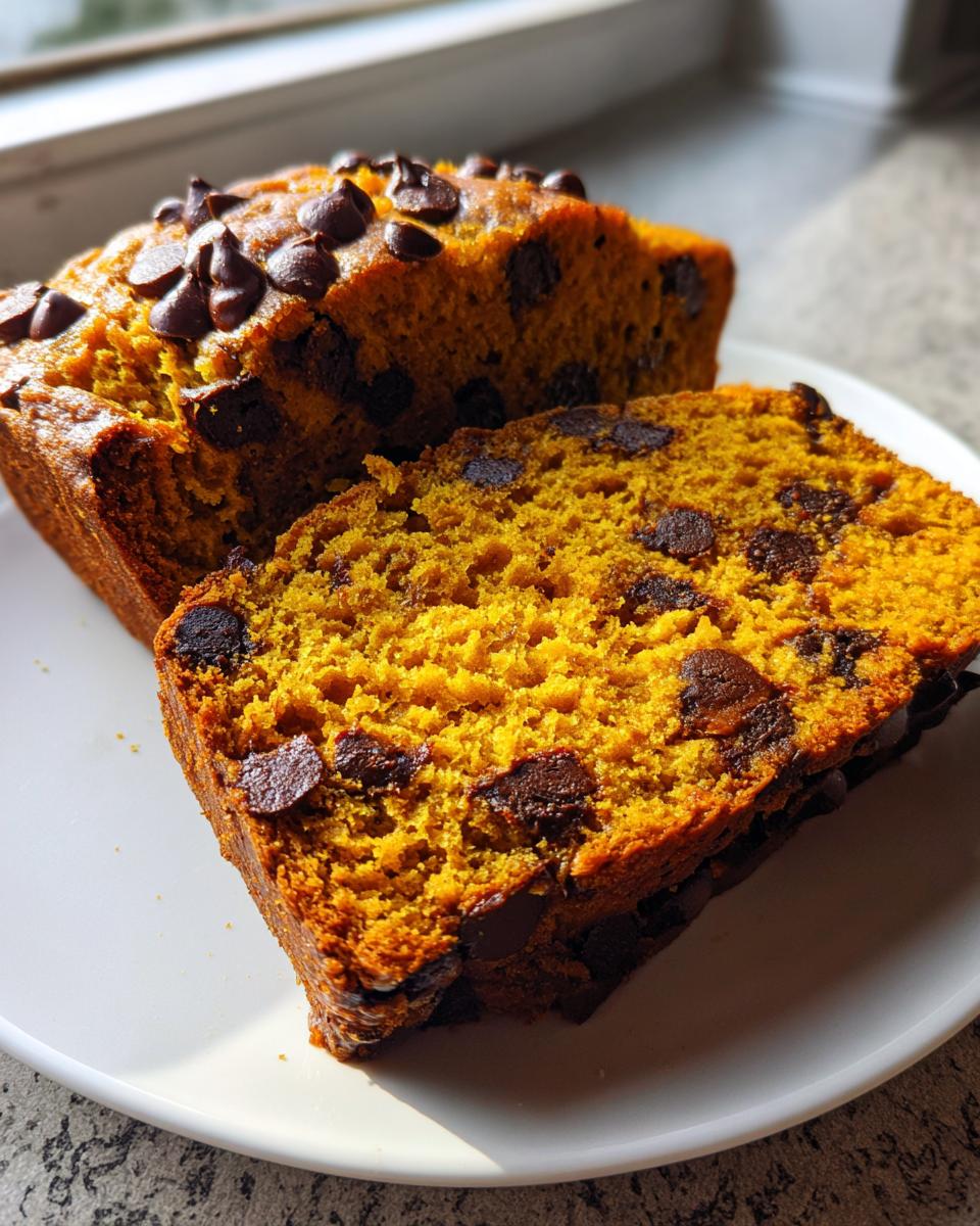 Close-up of a moist slice of Pumpkin Chocolate Chip Bread showing the rich orange crumb and melted chocolate chips.