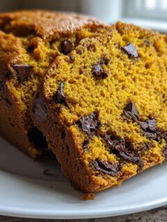 Close-up of moist Pumpkin Chocolate Chip Bread, showing a thick slice revealing the orange crumb and melted chocolate chips.