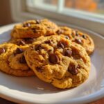 A stack of soft, golden Pumpkin Chocolate Chip Cookies dotted with melted chocolate chips, sitting on a white plate near a window.