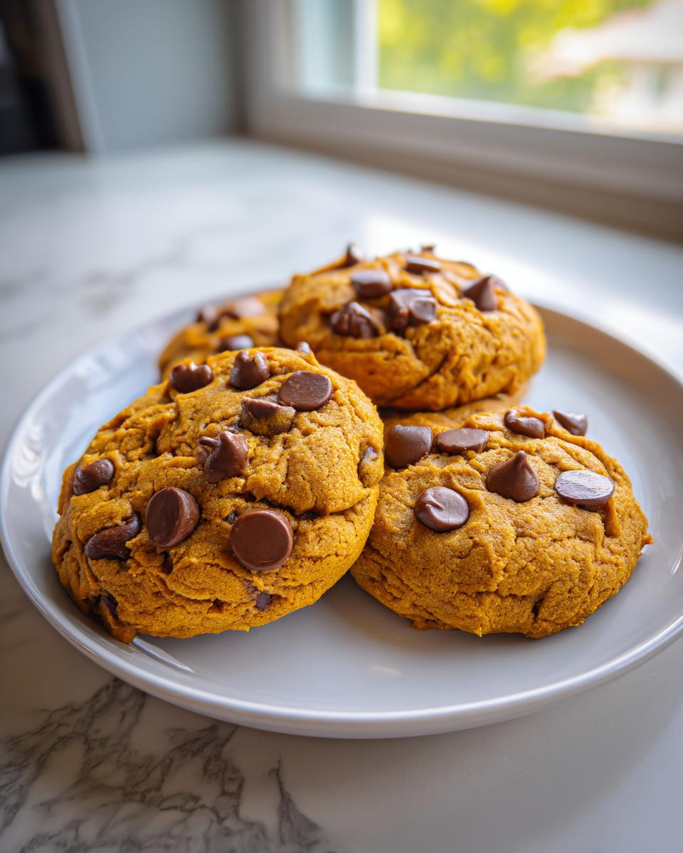 Close-up of several soft Pumpkin Chocolate Chip Cookies piled on a white plate near a window.