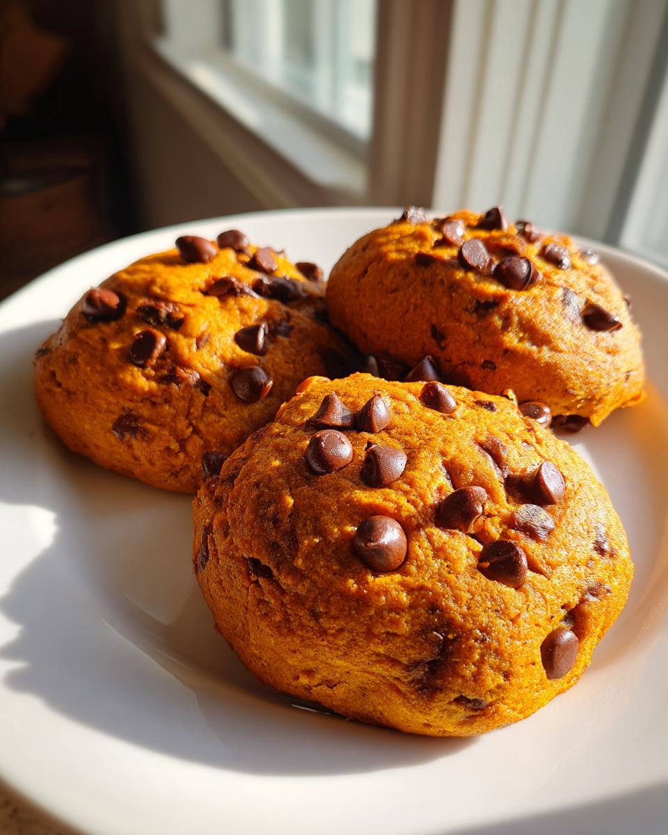 Three soft, thick Pumpkin Chocolate Chip Cookies piled on a white plate, illuminated by sunlight.