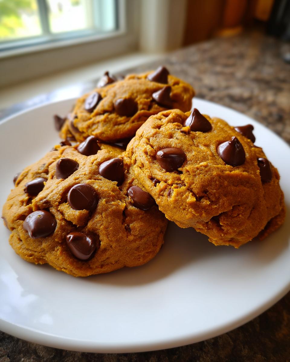 Three soft, orange-hued Pumpkin Chocolate Chip Cookies piled on a white plate near a window.
