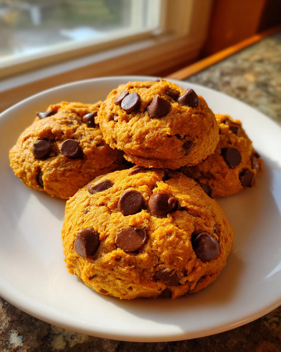 A stack of four soft, orange-hued Pumpkin Chocolate Chip Cookies loaded with dark chocolate chips, resting on a white plate.