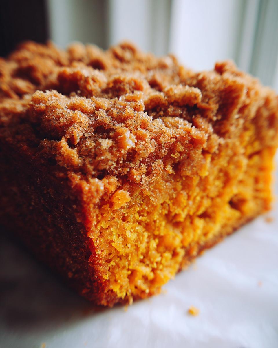A close-up, macro shot of a moist slice of Pumpkin Coffee Cake featuring a thick, sugary cinnamon crumb topping.