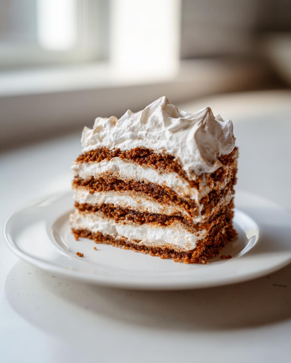 A tall slice of Gingersnap Icebox Cake showing layers of dark gingersnap cookies and white cream, topped with whipped cream.