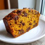 A thick slice of moist Pumpkin Chocolate Chip Bread, studded with dark chocolate chips, served on a white plate.