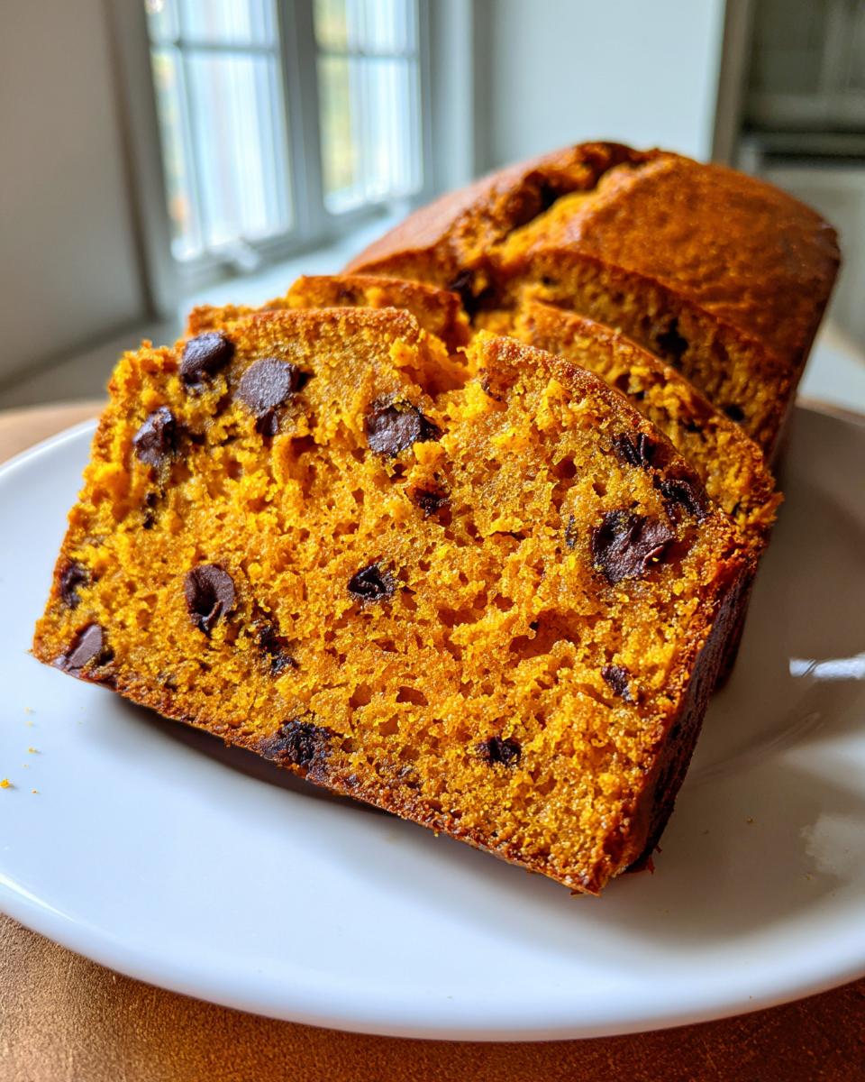 Close-up of moist, orange-colored Pumpkin Chocolate Chip Bread, sliced on a white plate.