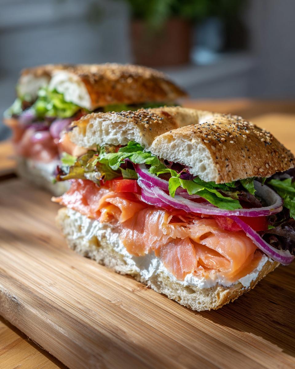 Close-up of a smoked salmon and cream cheese bagel sandwich, part of a Build A Bagel Lunch Kit.
