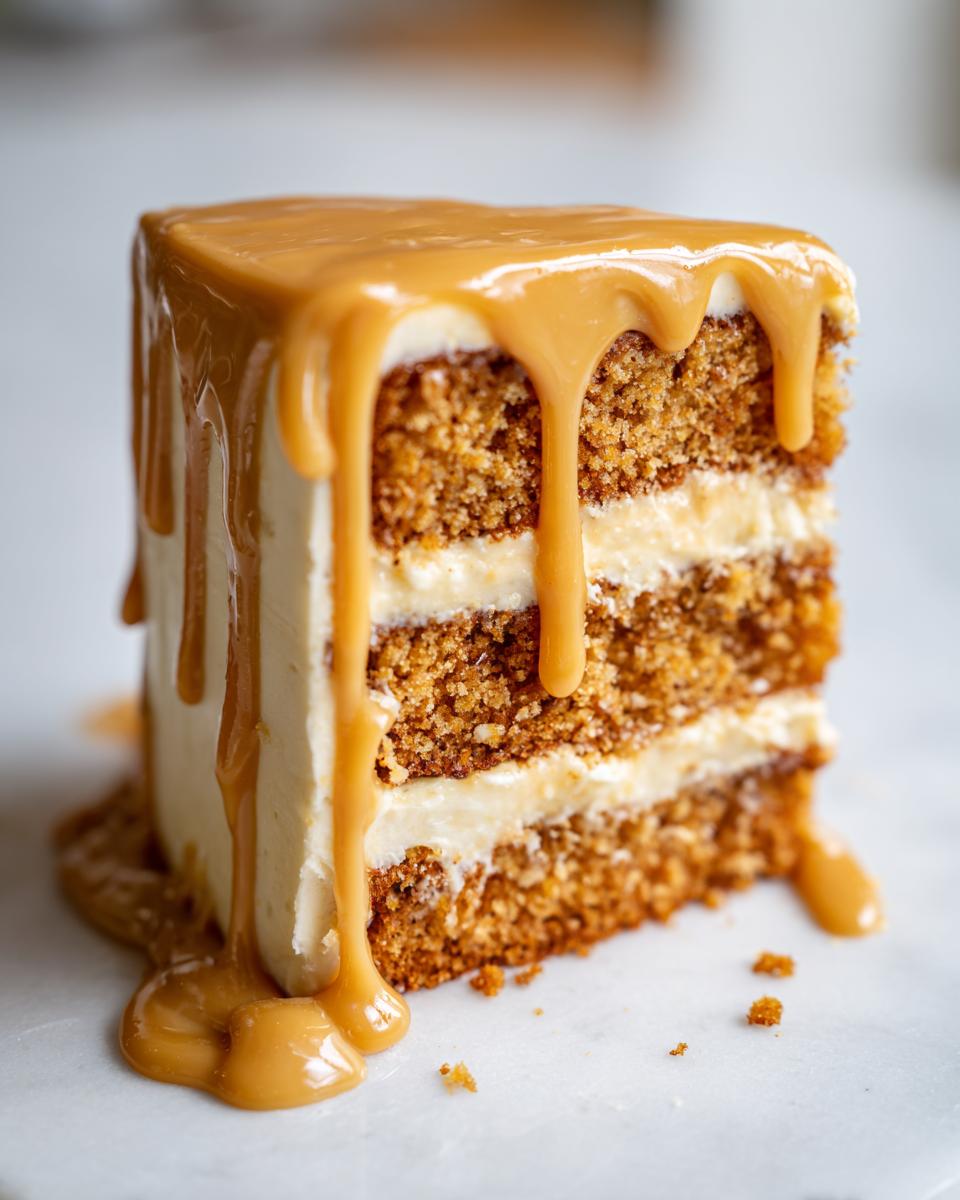 A decadent slice of Ultimate Butterscotch Cake with three layers, cream cheese frosting, and a thick butterscotch drip glaze.