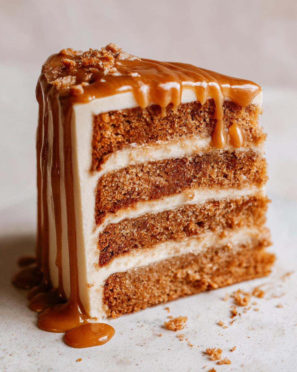 A decadent slice of Ultimate Butterscotch Cake featuring three layers, cream cheese frosting, and a rich butterscotch caramel drip.