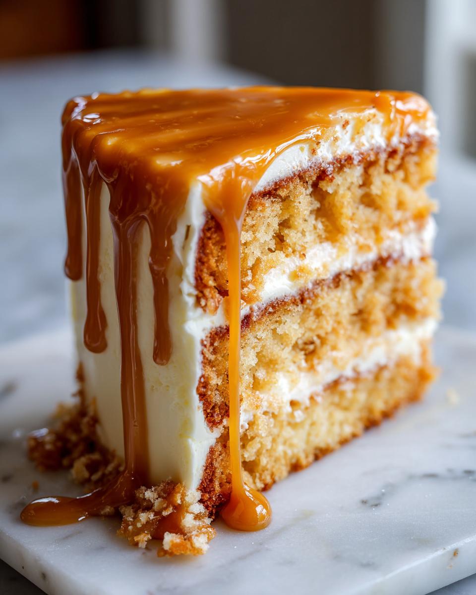 A tall slice of Ultimate Butterscotch Cake layered with cream and dripping with thick butterscotch sauce.