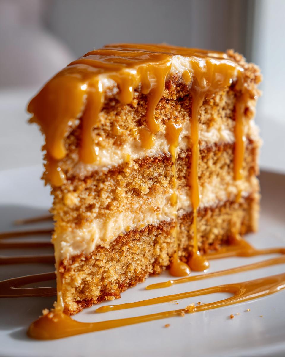 A decadent slice of Ultimate Butterscotch Cake showing multiple layers of cake and frosting, generously topped with dripping butterscotch sauce.